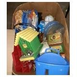 Large box of tins and a John Deere birdhouse says