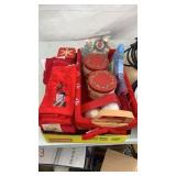 Box of Christmas towels, tins, basket, napkins,