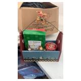 Holiday wood crate with Christmas ornaments and