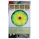 Glass sunflower table with metal legs.