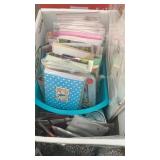 Box of cards, scrapbook, and coasters