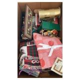 Box of Christmas ornaments, jewelry towels, bags,