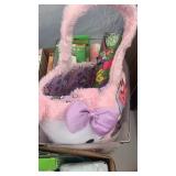 Small crate of stuffed animals and toys including