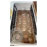 Box of glasses and glass vase