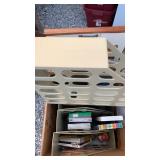 Picture frames, desk organizers, jar of buttons,