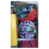 Yankees pennant, peace trash can, doll case,