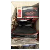 Box of serving trays, ping pong paddles, George