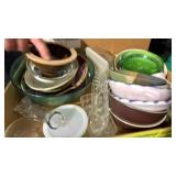 Flat of bowls, butter dish, vase, green glass and