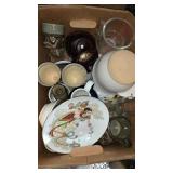 Box of mugs, plates, tea pot, measuring cups and