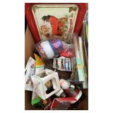 Box full of Christmas trays, ornaments, candles,