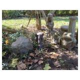 Group  cement lawn ornaments & large rock as is