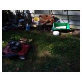 Group yard tools, bench, baskets, seeder and misc
