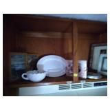 Contents of cabinet milkglass pictures misc