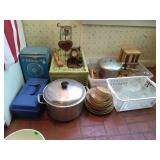 Stock pot, basket, clock misc group