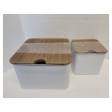 2 metal storage boxes with wooden lids 8x8x5 and 2 metal storage boxes with wooden lids 8x8x5 and