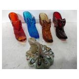 4 glass slippers and a blown glass vase 4 glass slippers and a blown glass vase