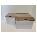 2 metal storage boxes with wooden lids 8x8x5 and 2 metal storage boxes with wooden lids 8x8x5 and