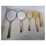 5pc Gold Vanity Hand Mirror And Nylon Brush Sets 5pc Gold Vanity Hand Mirror And Nylon Brush Sets