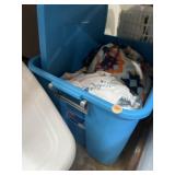 Fleece blanket and sheets in lidded tote Fleece blanket and sheets in lidded tote