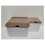 2 metal storage boxes with wooden lids 8x8x5 and 2 metal storage boxes with wooden lids 8x8x5 and