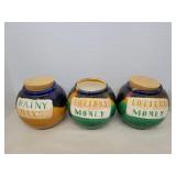 3 pottery money jars with corks (missing 1) 5in 3 pottery money jars with corks (missing 1) 5in