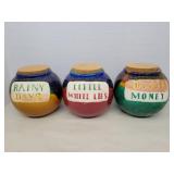 3 pottery money jars with corks 5in 3 pottery money jars with corks 5in
