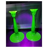 Pair of UV green depression glass candlesticks Pair of UV green depression glass candlesticks