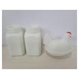 Milk glass hen on nest covered dish & 2 Milk glass hen on nest covered dish & 2