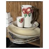 Goldtone trimmed plates, matching pitcher/cup, & Goldtone trimmed plates, matching pitcher/cup, &