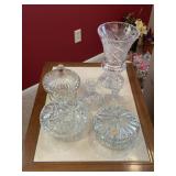 Clear glass collection of candy dishes, vase,