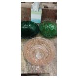 Pink depression glass bowl and 2 green decorative