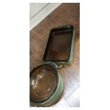 Brown Pyrex bowl and baking dish with metal