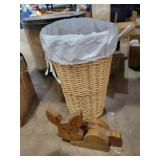 Wicker trash basket, wooden rabbit