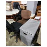 2 office chairs and laundry hamper