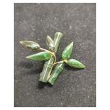 Vintage gold tone jade green bamboo Brooch