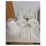 4 white wicker baskets & 6 paper hanging bells 9in
