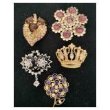 5 vintage rhinestone brooches