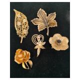 5 vintage gold tone brooches ( 1 marked Cerrito)