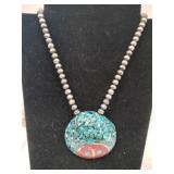 Turquoise chip inlay gel pendant signed