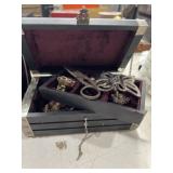 Chest style jewelry box and brooches, contents