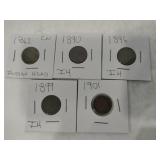 5 Indian Head pennies 1 1862,1890, 1896, 1899