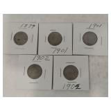 5 V Nickels 1899,1901,1902