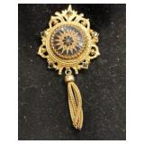 Black and gold castle rhinestone brooch marked