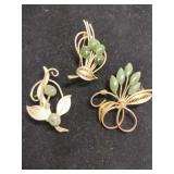 3 gold tone jade green brooches w/leafs unmarked