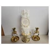 10" Unity white wedding candle, brass stand, &