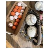 The Big One softball mitt, softballs, rubber