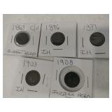 5 Indian Head pennies 1863-1896-1897-1903,1908