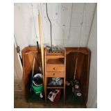 Golf pool cue stand cabinet with contents