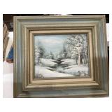 Original framed painting, winter scene, signed B