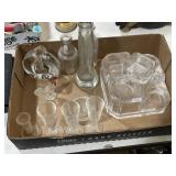 Glass rooster, bottles, cordials, candle stand